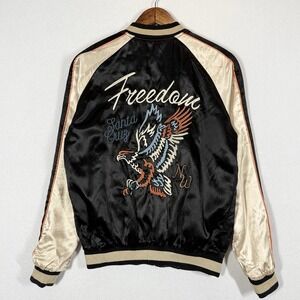 Topman Souvenir Bomber Jacket XS Black Eagle Embroidery Satin Santa Cruz
